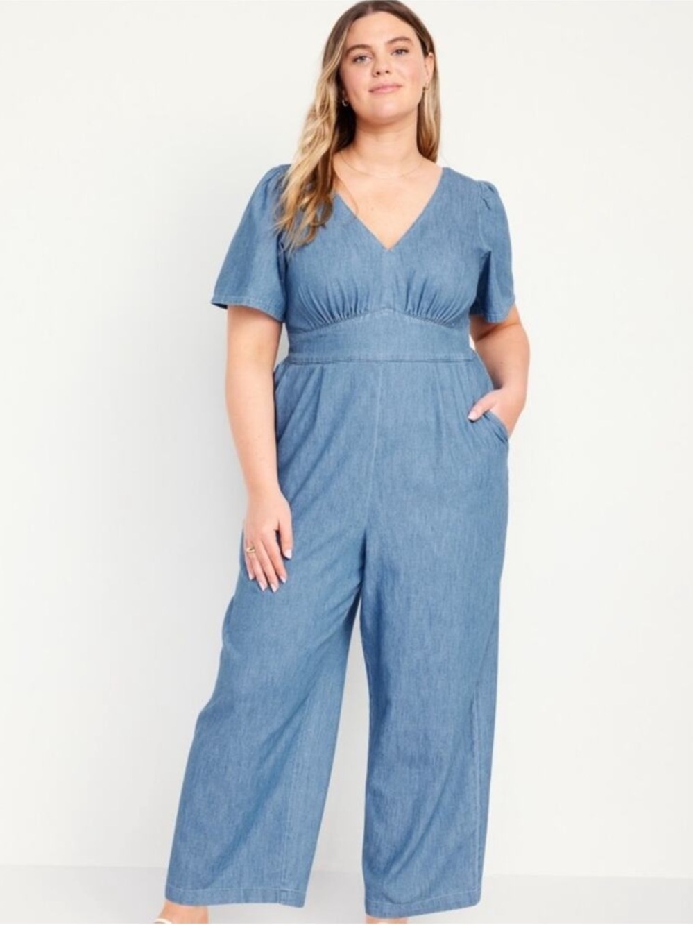Old Navy Waist-Defined Puff-Sleeve Jumpsuit Chambray V-Neck Size XL